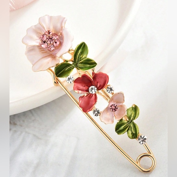 Jewelry - Floral Gold-Tone Brooch with Pink and Green Accents
